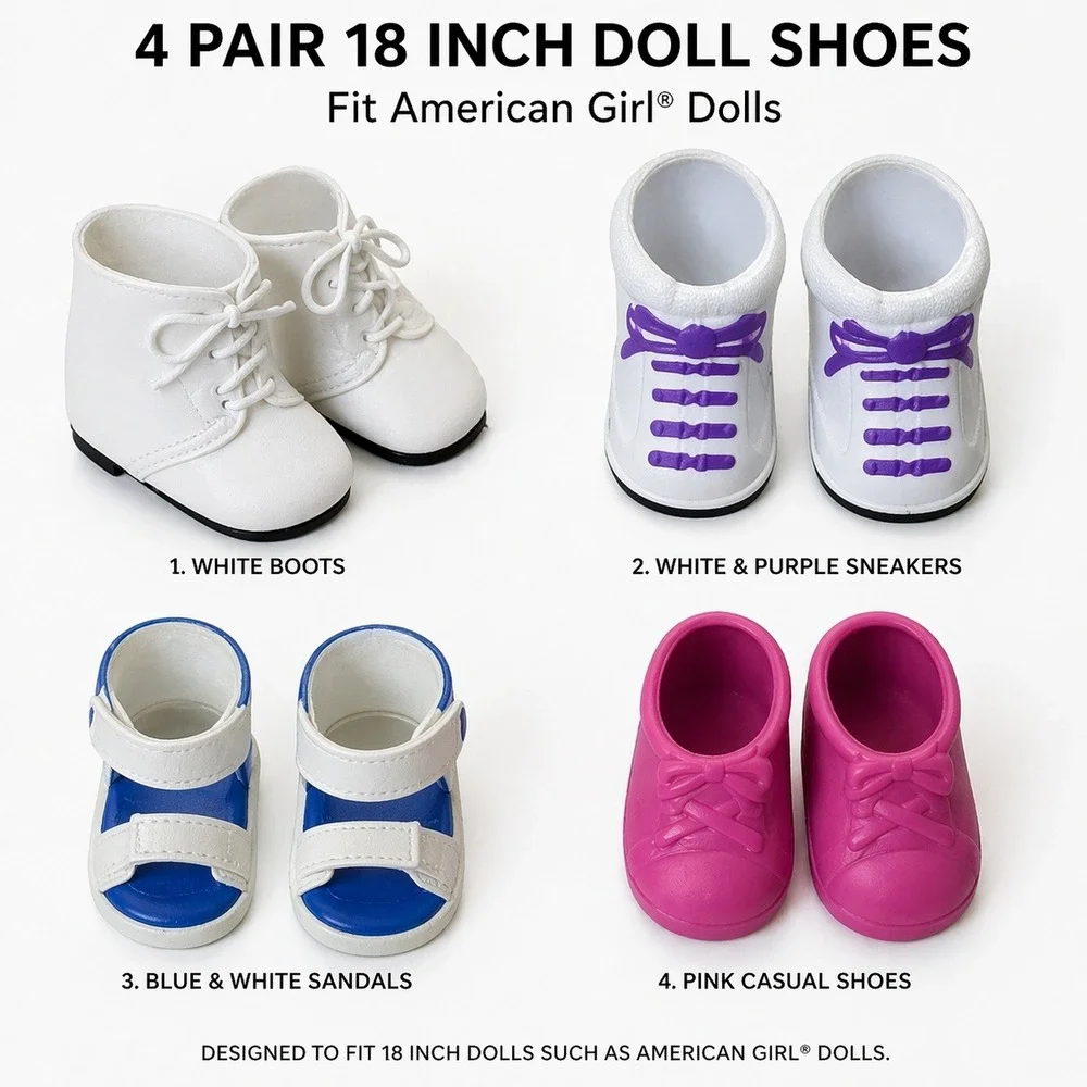 Set 4 Doll Shoe Set 18 Inch Fits American Girl White Boots Sneakers Sandals Pink